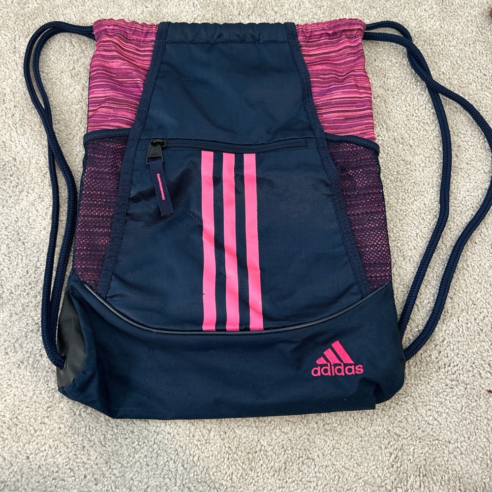 adidas Navy and Pink Drawstring Backpack with Front Zip